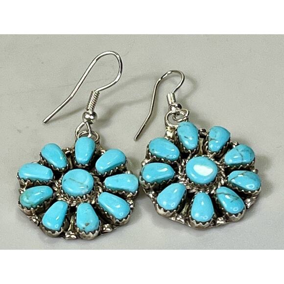 Navajo JB Sterling Silver Turquoise Cluster Dangle Earrings Junior Begay NEW - Picture 5 of 13